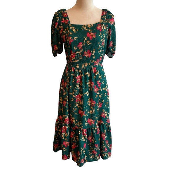 Draper James Emerald Green Floral Puff Sleeve Square Neck Midi Dress Small - Picture 2 of 11